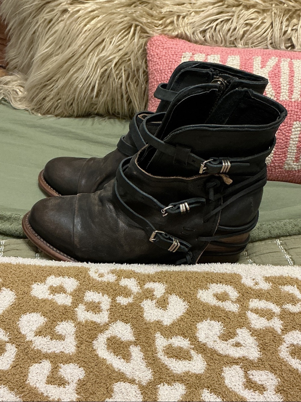 freebird Black Leather Strap Buckle Ankle Boots